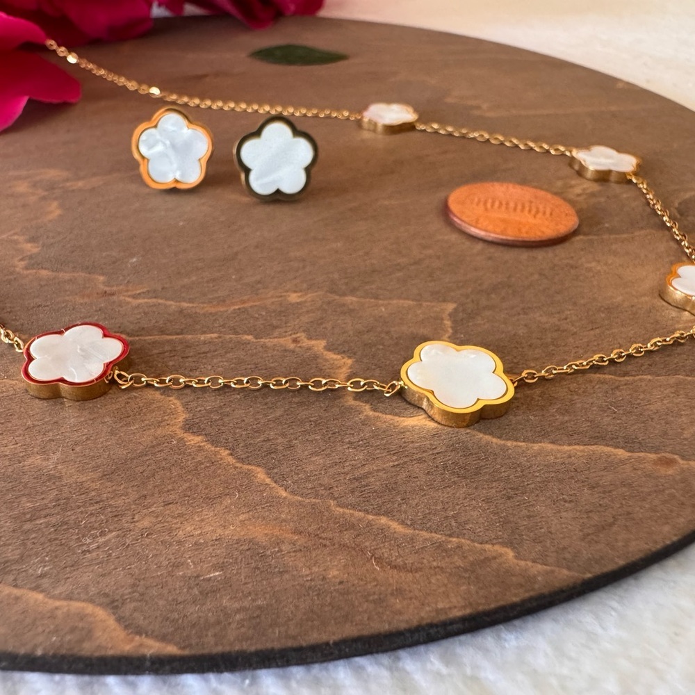Gold and White Floral Necklace with Dainty Chain set of earrings - Picture 6 of 8